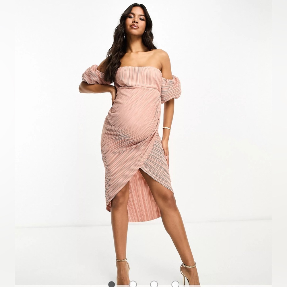 Size: 6 // ASOS DESIGN Maternity off shoulder wrap midi dress in soft pink